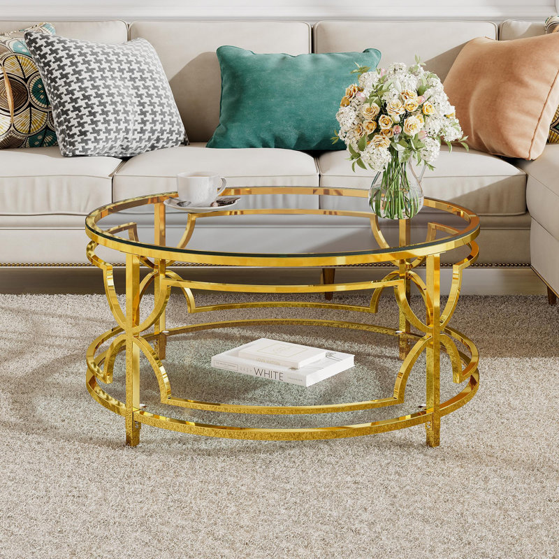 Table basse ronde en verre trempé de 30,7 po, structure en métal géométrique luxueuse, finition dorée et tablette inférieure, transparent