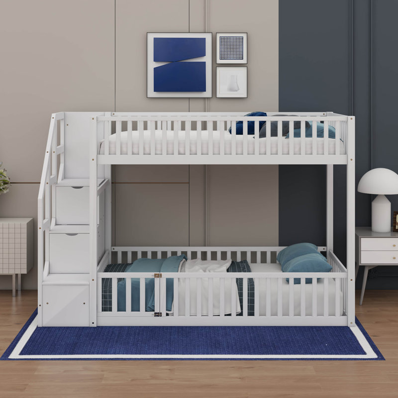 Twin Over Twin Floor Bunk Bed, White