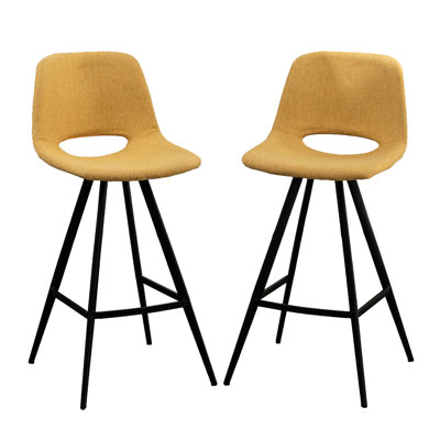 28.25" Counter Height Stools, Of 2 In Yellow, Fabric Kitchen Seating With Classy Upholstery And Strong Metal Legs