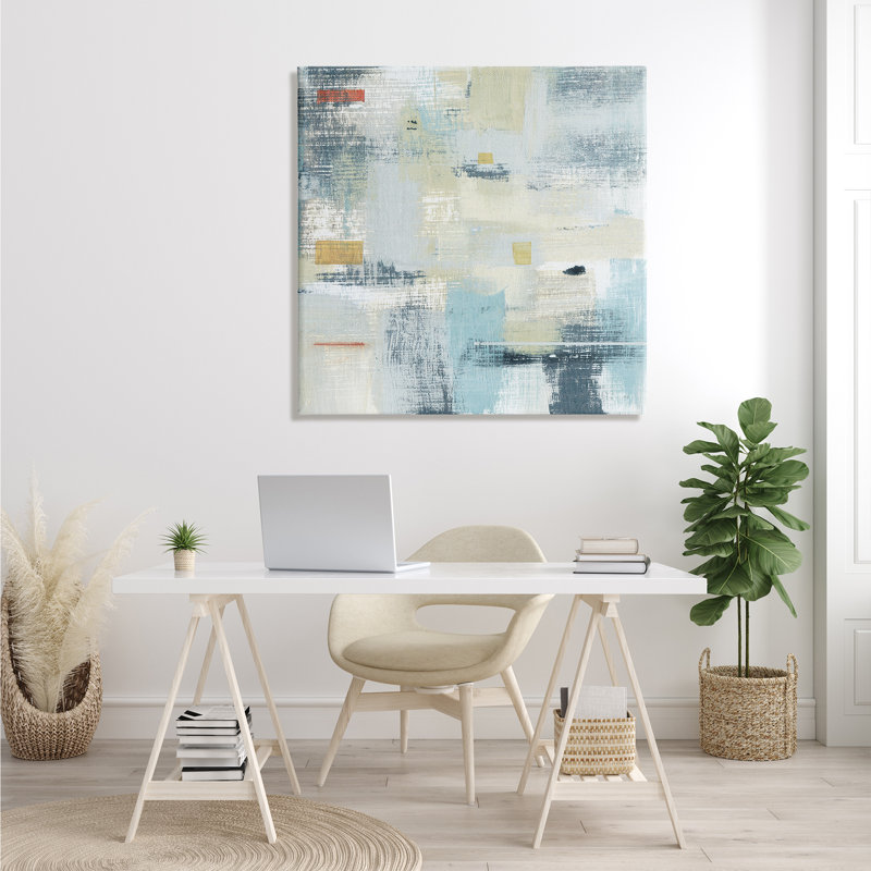 «Woven Stroke Abstraction Blue Beige Blend» par Susan Jill - Peinture, H 36 po x l 36 po x P 1,5 po, Toile tendue
