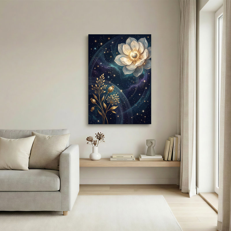 Art mural sur toile fleur rougeoyante et plantes dorées dans un cosmos étoilé, 48"H x 36"W
