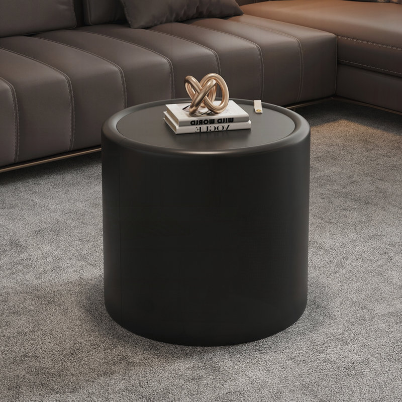 Table basse ronde avec plateau en verre trempé, structure en similicuir et rangement caché pour le salon, table d'appoint moderne