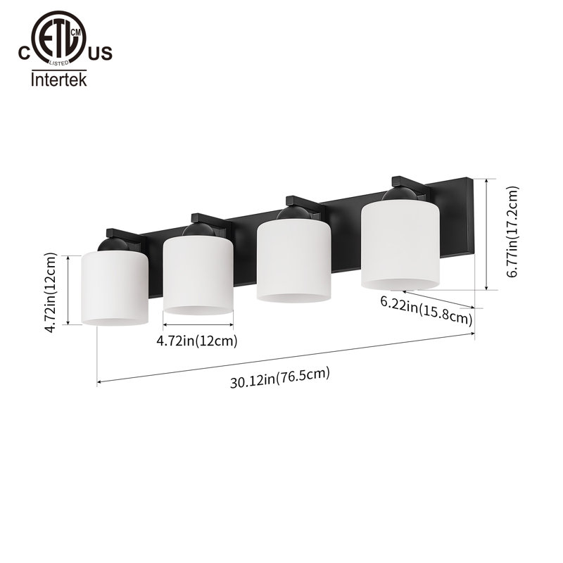 Luminaire de meuble-lavabo de salle de bain avec abat-jour en verre opale, Verre opale, Noir mat, 4