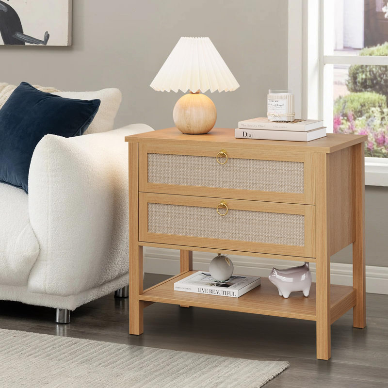 Rattan Night Stand Set of 2, Boho Night Stand with 2 Rattan Drawers, Large Bedside Table Side Table with Open Storage Shelf, Modern Nightstand, Side Tables for Living Room, Bedroom, Cherry Wood