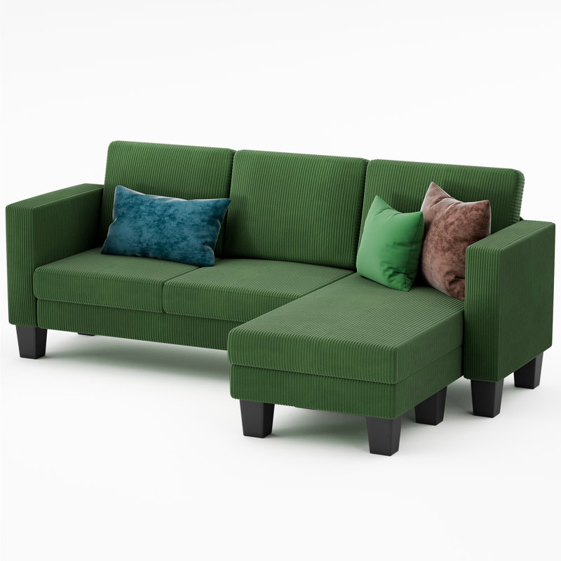 Convertible Sectional L-shaped Couch Soft Seat With Corduroy, Space-saving Sofas For Living Room, Green Corduroy