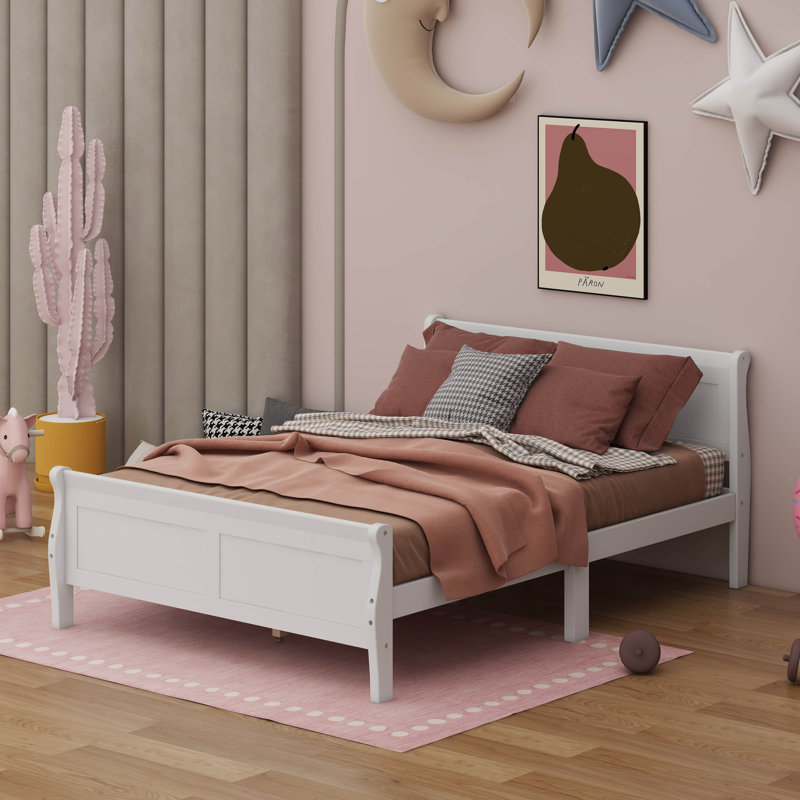 Queen Size Wood Platform Bed With Headboard, White