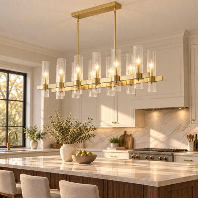 Lustre linéaire doré avec abat-jour en verre transparent, luminaire suspendu de style campagne moderne à 12 lumières au-dessus de la table pour salle à manger et îlot de cuisine, ampoules non incluses