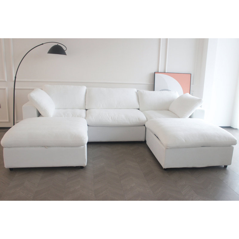 Grand lit modulaire: 5 lits pour le salon avec rembourrage en duvet, 2 coussins en plumes, fermeture à glissière, polyvalent, blanc: blanc