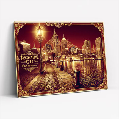 Tableau décoratif urbain avec lampe vintage et cadre doré, sur toile tendue (lot de 1)