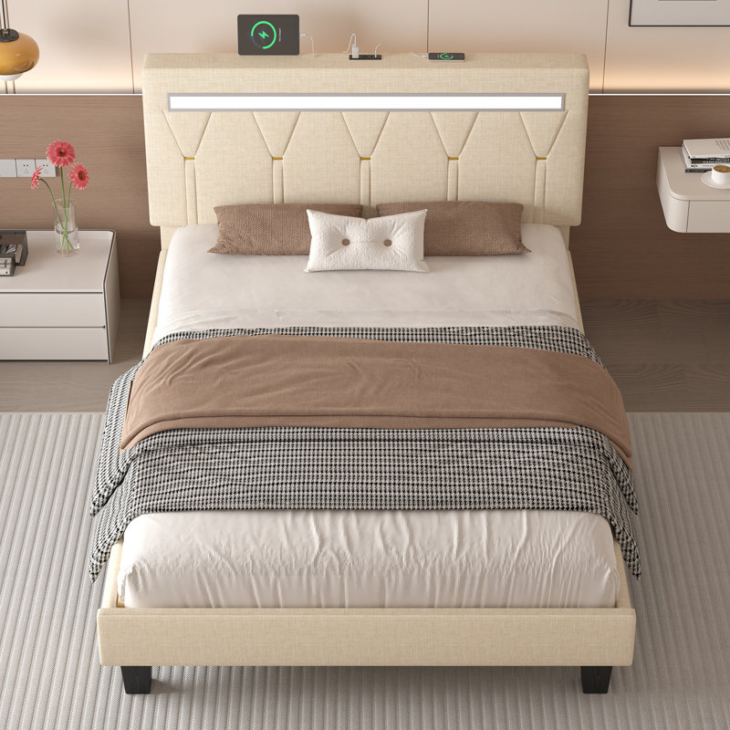 Santrese Upholstered Platform Bed Frame with Modern Headboard, Charging Station, No Box Spring Needed, Beige, Queen