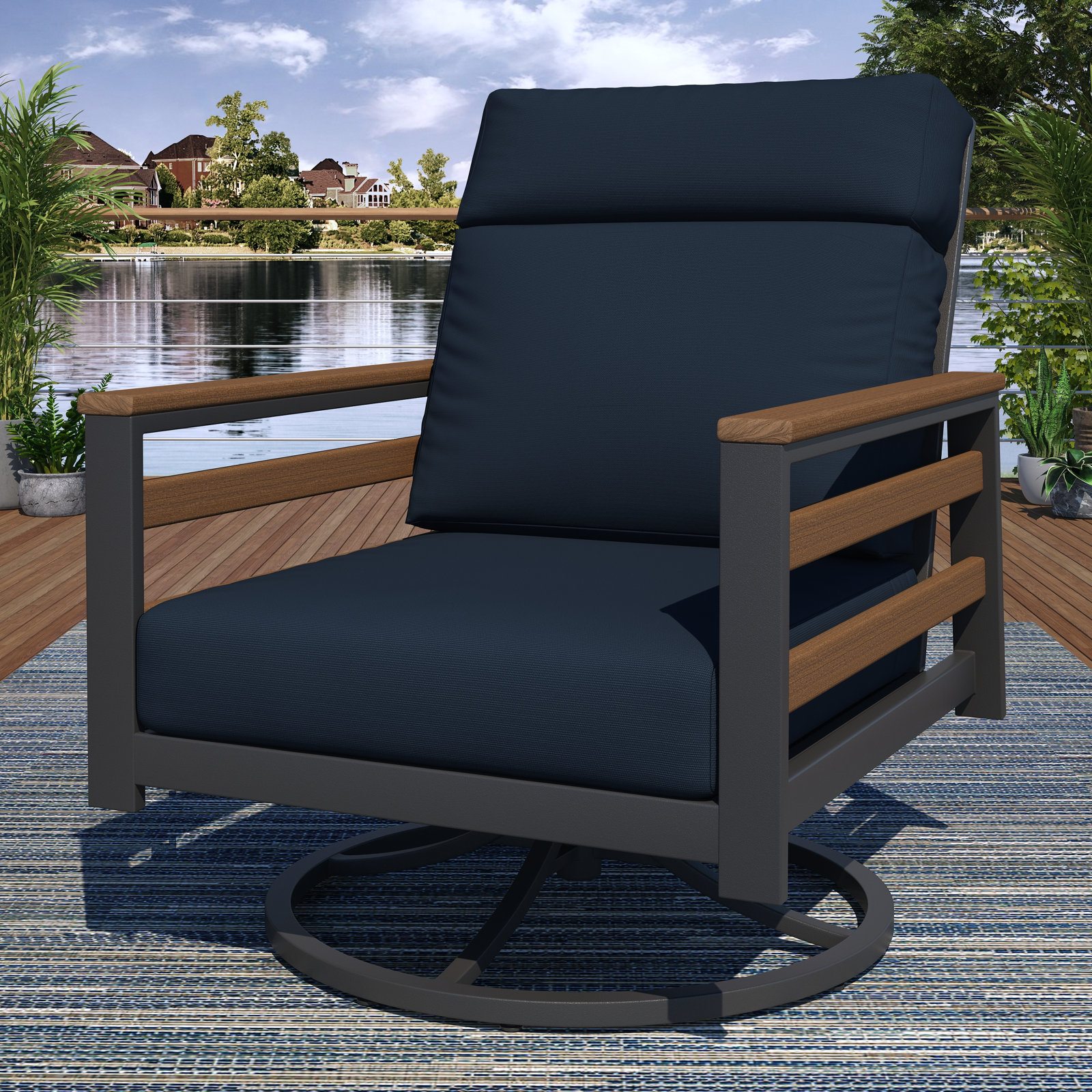 Townsend Sunbrella® Swivel Patio Lounge Chair, Brown, Canvas Navy