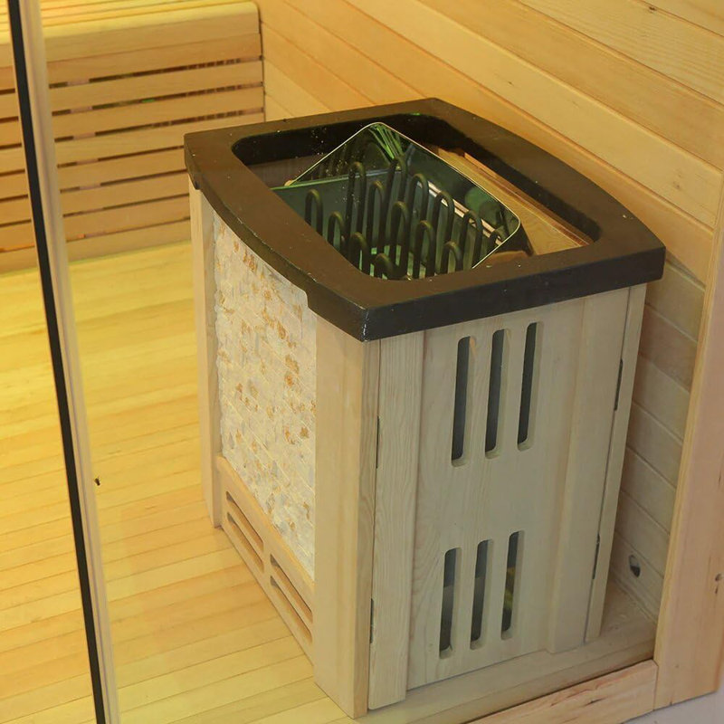 6 or 8 Person Traditional Steam Sauna, Canadian Hemlock Indoor Sauna with 6000W Stove Heater, Bluetooth Speaker, Rocks, Water Bucket, Spoon, 7-Color Sky Lights, 220V, Clear Tempered Glass Door