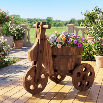  2PCS Rustic Wood Tricycle Planter w/Barrel Pot & Drainage for Patio Garden