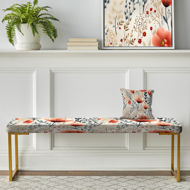 Floral Upholstered Gold Bench, Neutral Foliage - Plants