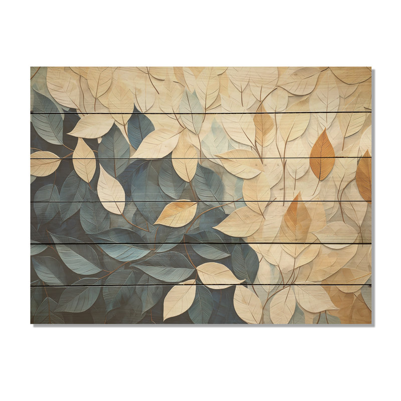 Beige And Blue Minimalism Leaves Collage - Leaves Wood Wall Art On Natural Pine Wood, 30" H x 40" W