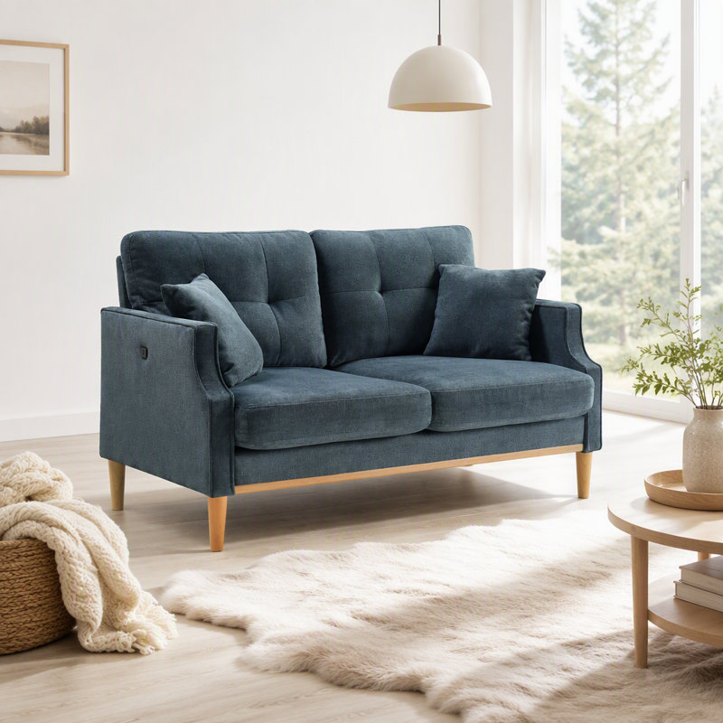 Causeuse avec charge USB, Tissu bleu foncé, Brun