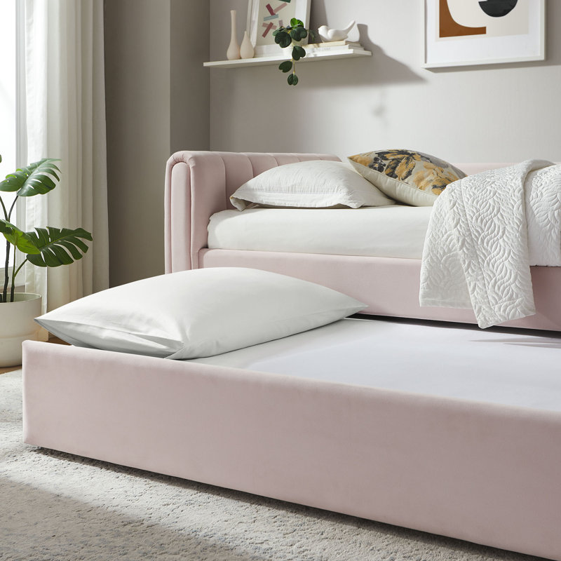 Lit de jour simple en velours Veyla Channel, Rose