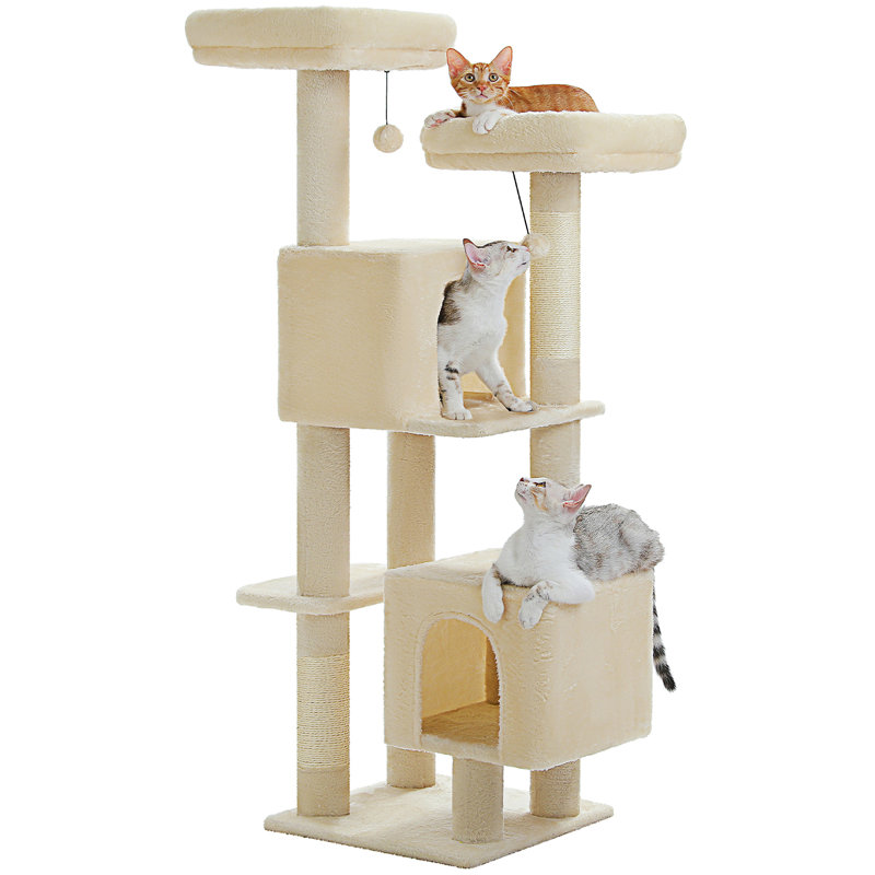 Tour à chat pour chats d'intérieur, 2 perchoirs rembourrés, 2 condos et 2 poteaux à griffer, Beige