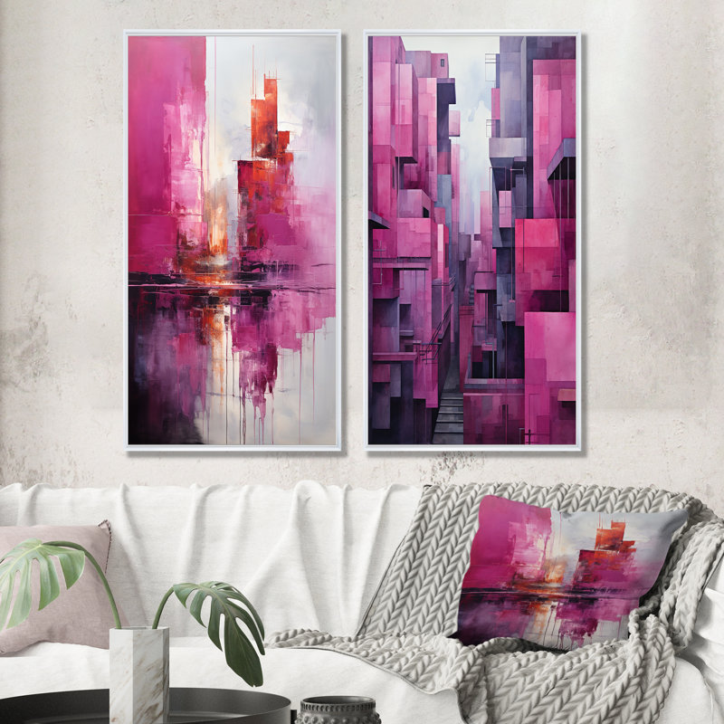 Fuchsia façades gratte-ciel horizon - ensemble de 2 impressions sur toile gratte-ciel, Cadre blanc, H 40 po x l 41 po