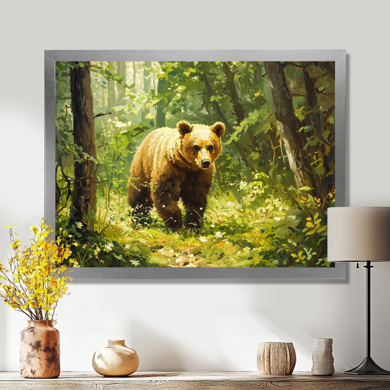 Ours dans la forêt du printemps I - art mural ours, H 12 po x l 20 po, Avec cadre, Argent argent