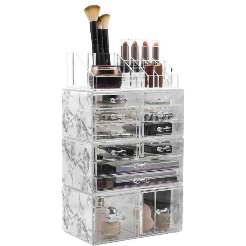 Marble and Clear Acrylic 12-Drawer Makeup Organizer Tower