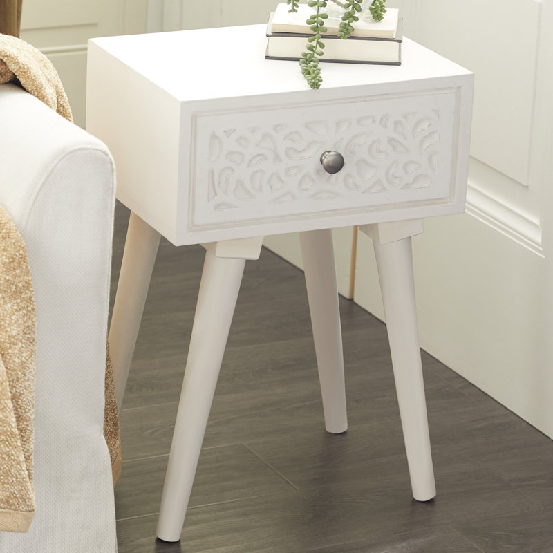Mango Wood Intricately Carved Single Drawer Scroll White Side End Accent Table, White