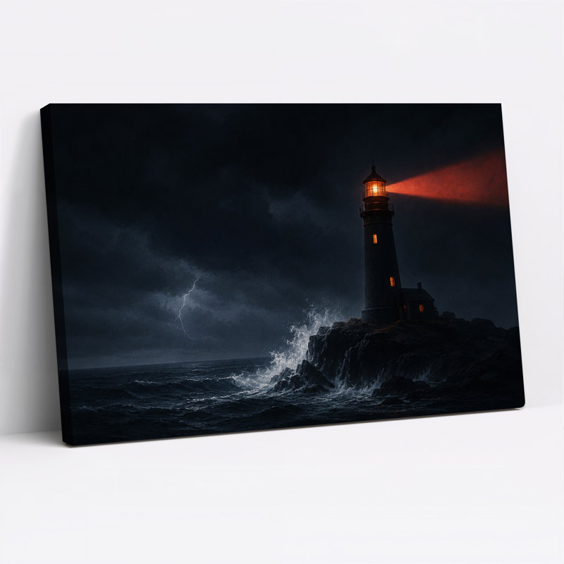 Art sur toile, "Phare avec poutre rouge au-dessus de l'océan orageux", H 32 po x l 48 po