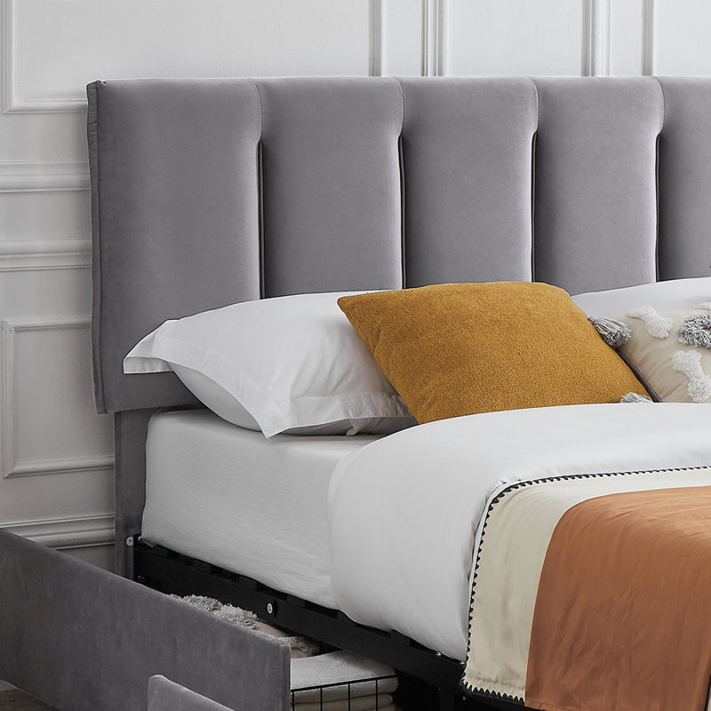 Lit plateforme tapissier avec rangement Cahlin, Lit double, Gris foncé