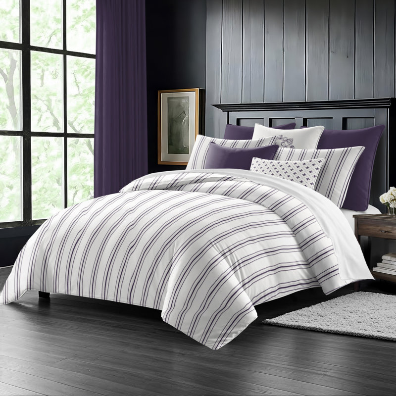 August Stripe Reversible Cotton Duvet Cover Set, Eggplant, Cal.King Duvet Cover + 2 King Shams