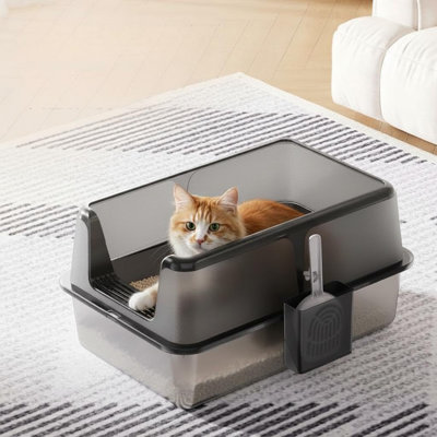 Large Non-Stick Stainless Steel Cat Litter Box with Lid & Scoop, Side Opening Splash-Proof Leak-Proof Easy Clean Metal Cat Toilet