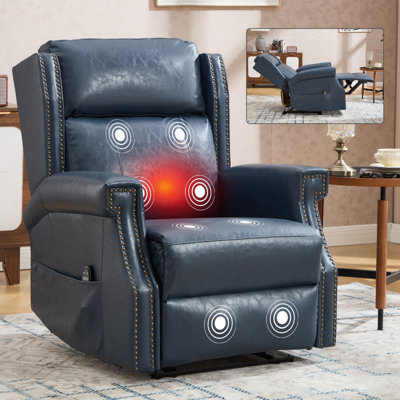 Fauteuil inclinable manuel bleu en similicuir pour le salon avec mécanisme de mouvement robuste, 8 nœuds vibrants et 3 modes de massage.