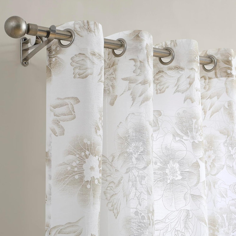 Sheer Floral Farmhouse Curtains. Embroidered, Textured Flower Pattern Curtains For French, Country Or Floral Decor., Linen