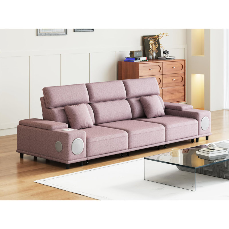 3 canapés modulaires inclinables électriques avec télécommande, haut-parleurs, recharge sans fil et 2 boîtes de rangement pour le salon, siège mi-ferme rose, structure en bois d'eucalyptus, fauteuil inclinable électrique principal 3