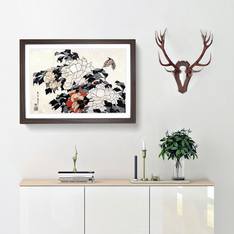 Peonies & Butterfly by Katsushika Hokusai - Picture Frame Painting Print, Walnut Framed, 27cm H x 36cm W x 2cm D