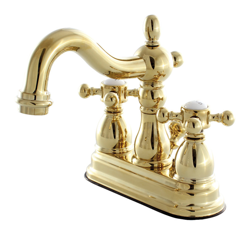 Kingston Brass Heritage Two-Handle 3-Hole Deck Mount 4" Centerset Bathroom Faucet with Plastic Pop-Up, Polished Brass