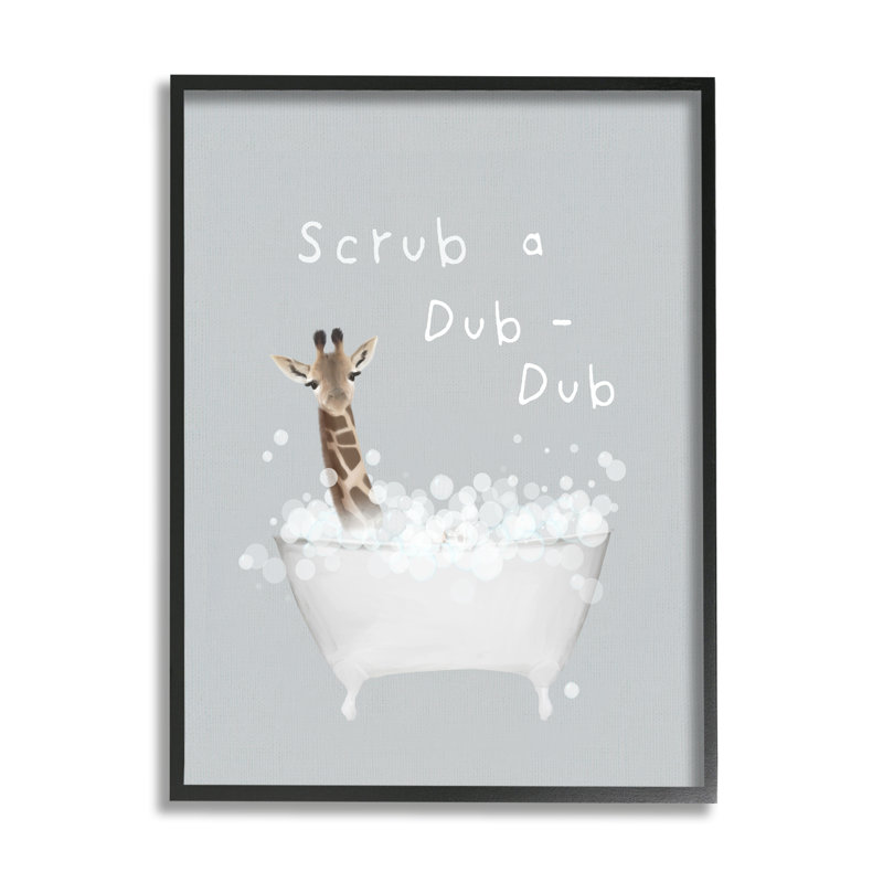 «Scrub-a-Dub Giraffe Tub» par Leah Straatsma, Giclée encadrée noir minuit, H 14 po x l 11 po x P 1,5 po