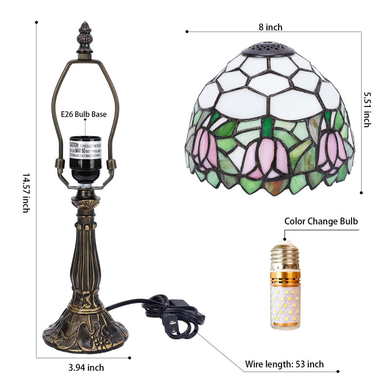 Lampe de table Tiffany de style tulipe rose, 3 températures de couleur réglables