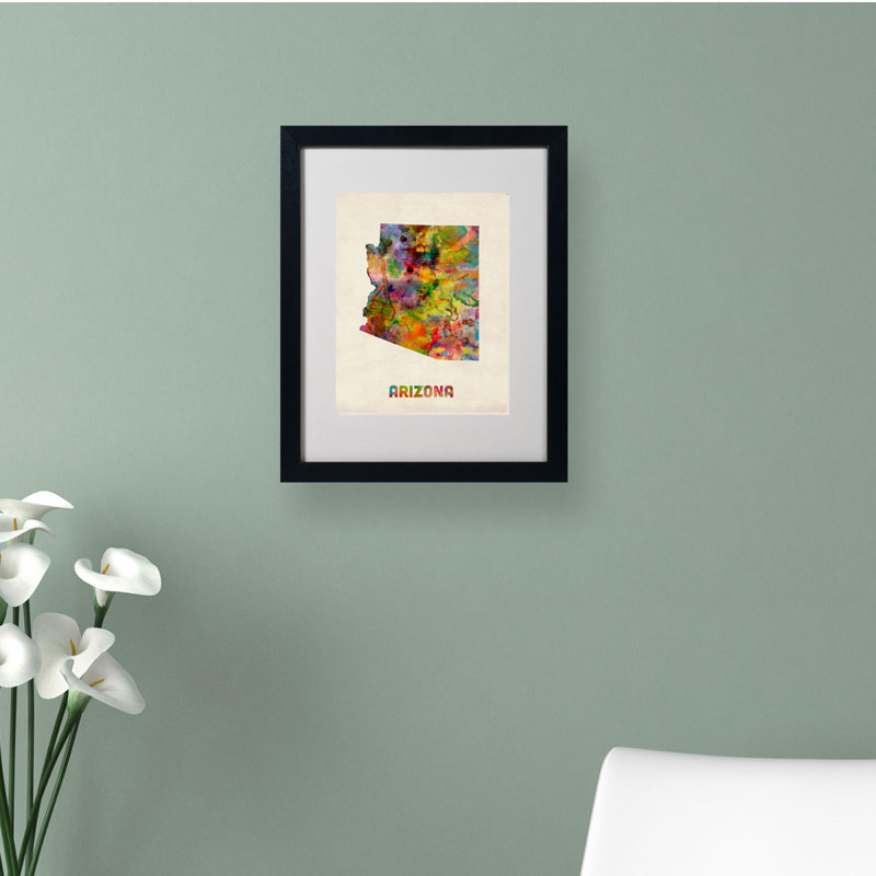 « arizona map » par michael thompsett, impression encadrée, H 14 po x l 11 po x P 0,5 po, Brun - Biseautée