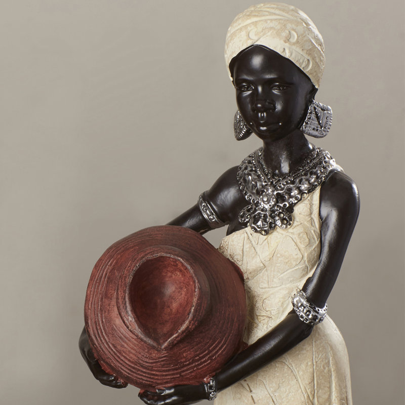 Harly Cream Polystone Standing African Woman Sculpture with Red Water Pots and Black Base, 2 Assorted 16"H, 4"W