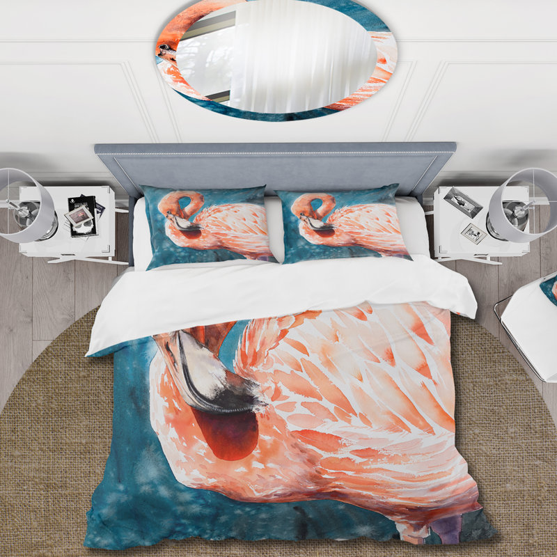 Flamants roses dans l'eau bleue II - Ensemble de housse de couette Farmhouse - Microfibre de polyester