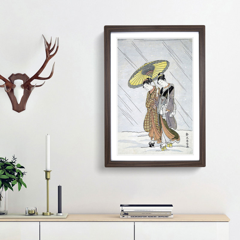 Women in a Storm by Harunobu Suzuki - Picture Frame Painting Print, Walnut Framed, 48cm H x 36cm W x 2cm D
