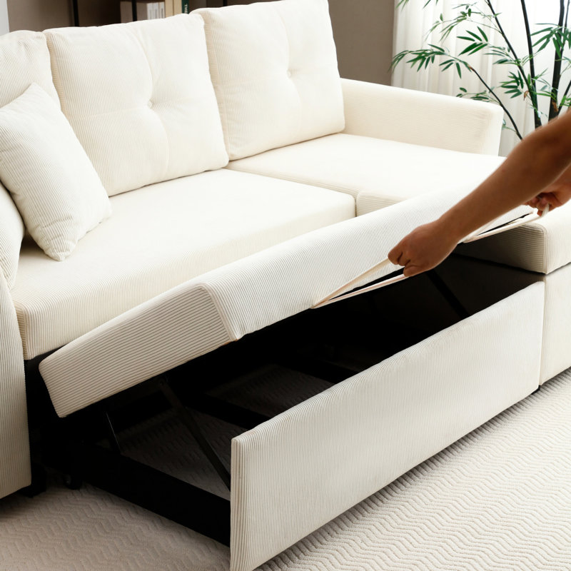 Lit modulaire en L avec méridienne réversible avec rangement et 2 coussins, velours côtelé, blanc, pour rangement dans le salon, en forme, espace
