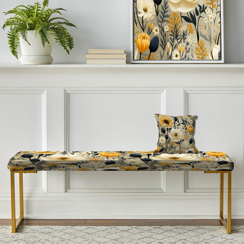 Yellow Garden Floral Serene Blooms I - Floral Upholstered Gold Bench