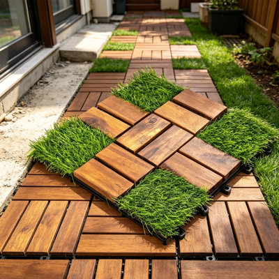30 Pcs Acacia Wood Interlocking Deck Tiles with Artificial Grass, 12"x12" Patio Flooring Tiles for Outdoor & Indoor