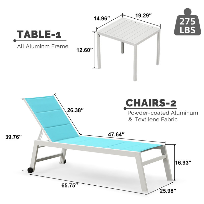 Chaise longue d'extérieur en métal avec table, Turquoise