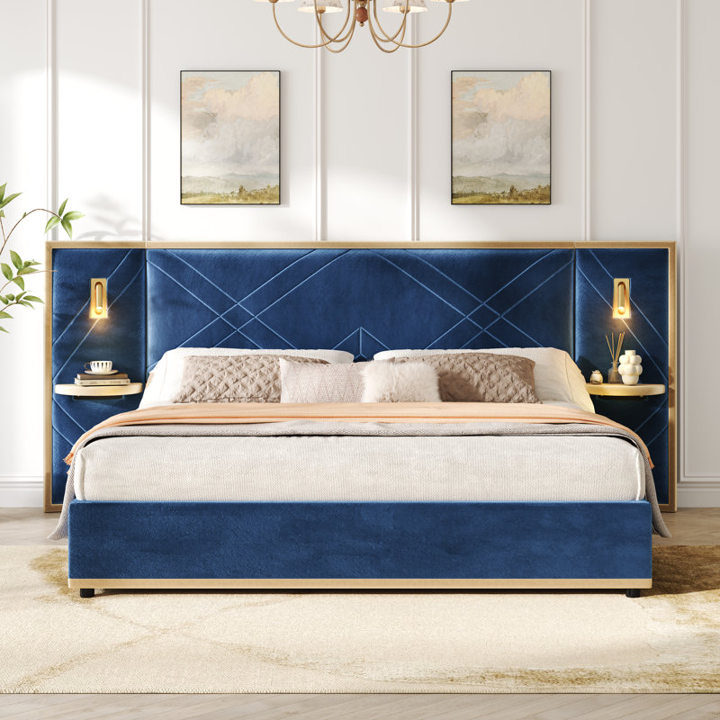 Calviano Upholstered Platform Bed With Wingback Headboard, LED Lighting, And Storage Side Panels, Blue, King