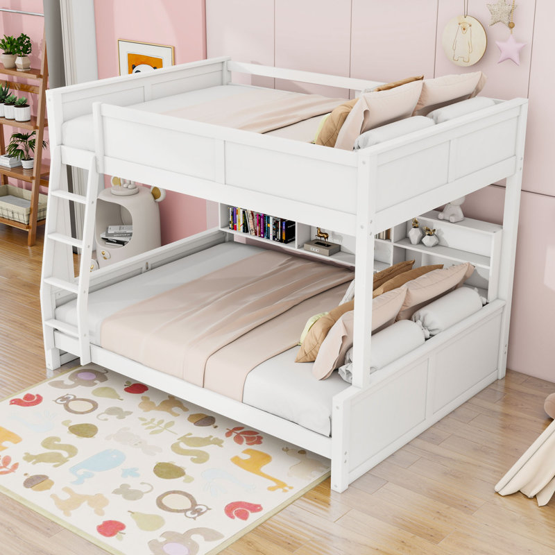 Lit superposé en bois avec ports USB, tablettes et échelle, Blanc antique