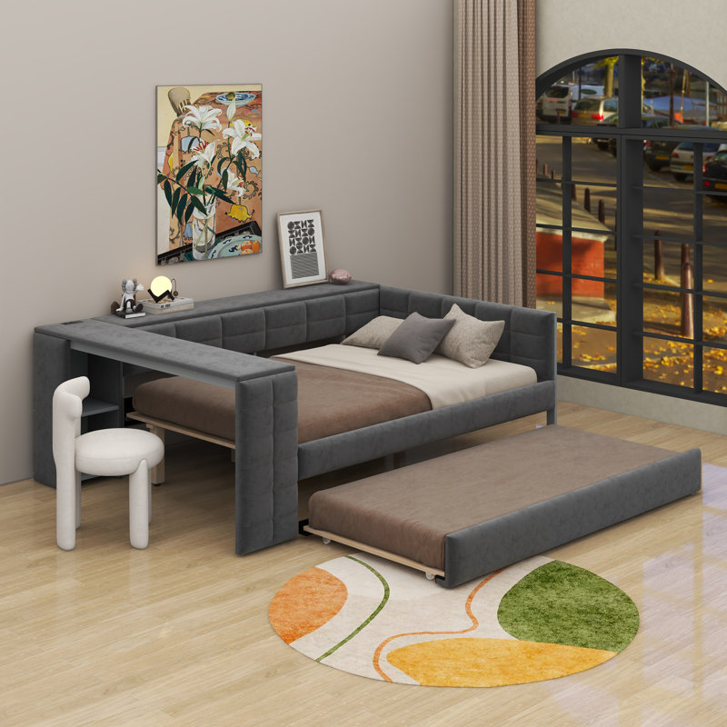 Lit plateforme double tapissier pleine grandeur avec tablettes de rangement, bureau, station de charge et lit gigogne, gris