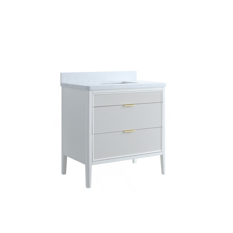 Ensemble de meuble-lavabo autoportant blanc 36 po avec 2 ensembles de poignées et un plateau en marbre d'ingénierie entièrement assemblé
