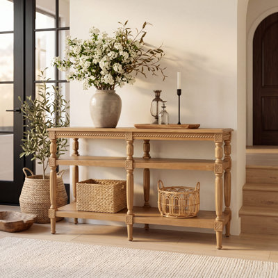 Loric 59'' Wide Farmhouse 3-Tier Console Table with Open Storage Shelves and Fluted Turned Legs
